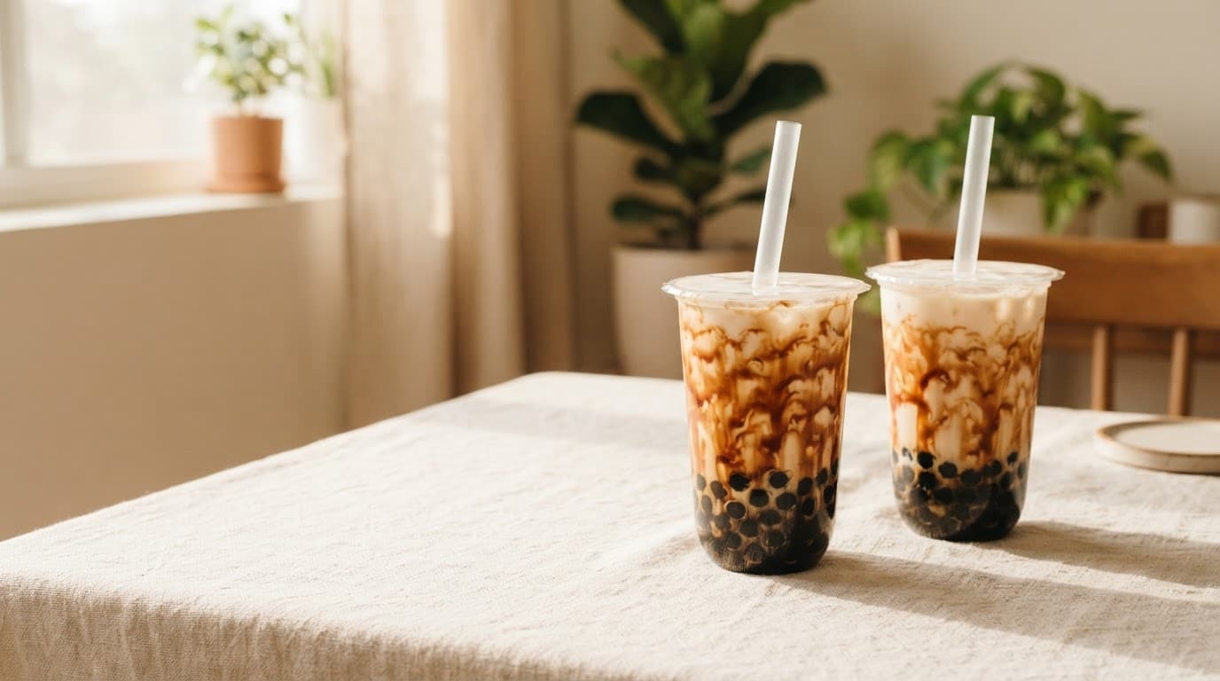 Hai ly trà sữa đường đen trên bàn vải kem
